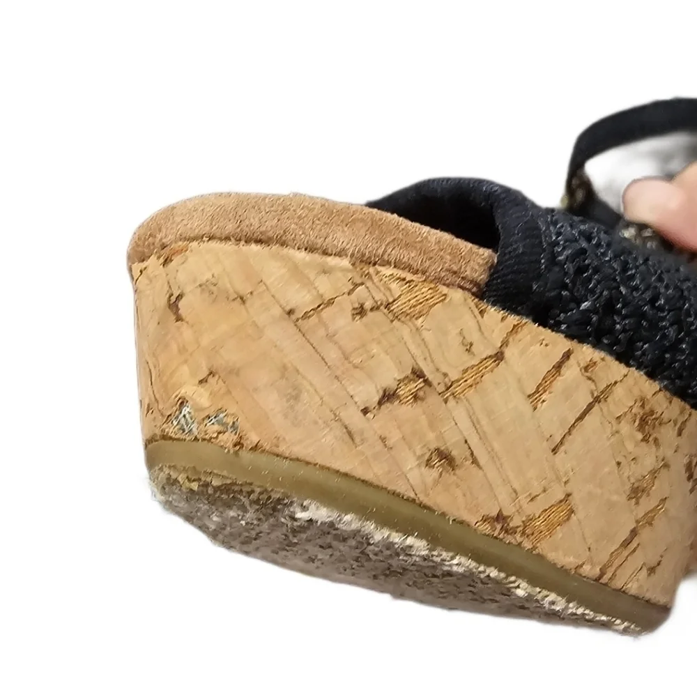 Toms Black Buckle Open Toe Cork Wedges